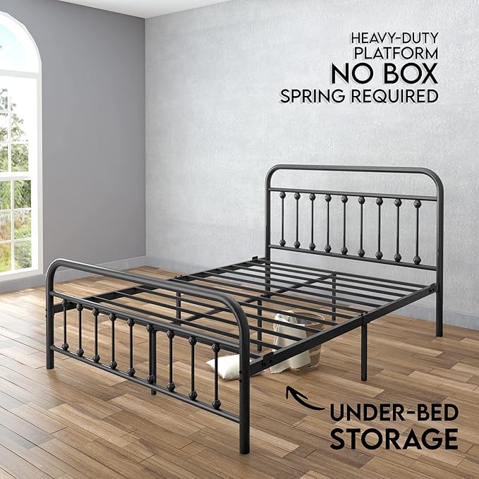 Golden Gate Beds Victorian Vintage Style Metal Bed Frame with Wrought Iron Headboard and Footboard, Classic Platform Bedframe with Storage, No Box Spring Needed, Mattress Foundation, Black, Full Size