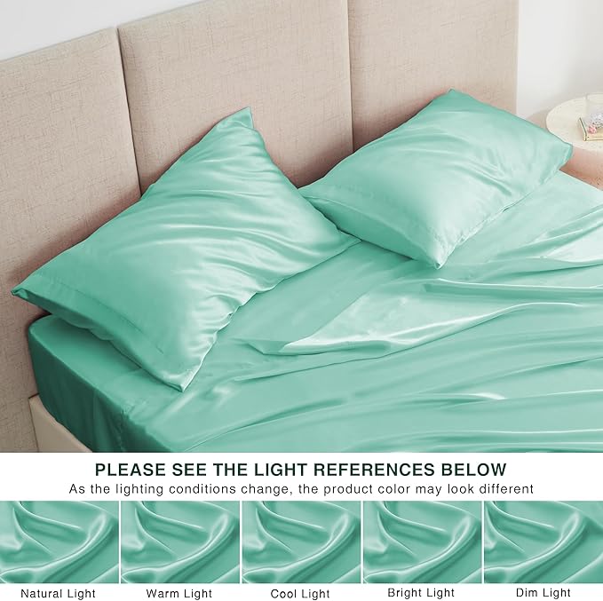 Love's cabin California King Satin Sheet Sets - 4 Piece Aqua Silky Sheets Bed Set with Deep Pocket, Luxury Silk Feel Satin Cal King Sheet Set (1 Flat Sheet,1 Fitted Sheet,2 Pillow Cases)