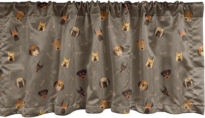 Ambesonne Dog Lover Window Valance Pack of 2, Repetitive Pattern of Pet Heads Paw Prints and Bones, Rod Pocket Curtain Valances for Kitchen Bedroom, 54" X 18", Taupe