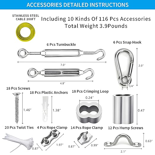 Globe String Light Suspension Kit, Outdoor Light Guide Wire, Vinyl Coated Stainless Steel Steel Cable，Include 200ft Transparent PVC and 304 Stainless Steel Wire Cable, Turnbuckle and Hooks