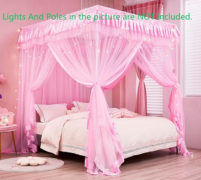 Mengersi Bed Canopy for Girls,Canopy Bed Curtains Canopy for Bed Drapes,Princess Bed Curtains Birthday Present Girls Room Decor,Pink
