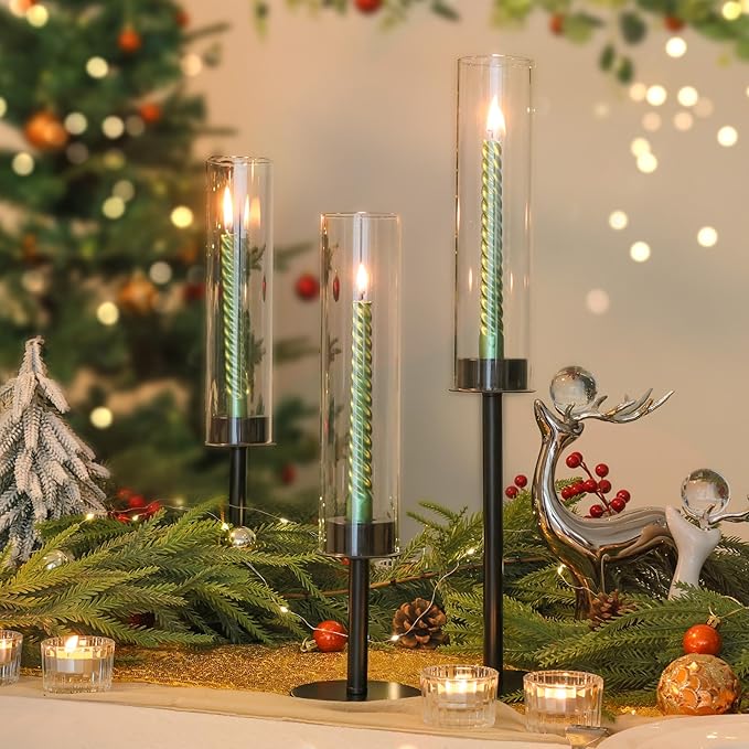 Hurricane Candle Holders Set of 6 Metal Candlestick Holder for Glass Taper Tall Candle Holders with Crystal Chimney Tube Candles Stands for Home Decor, Christmas, Dinning (6, Black)