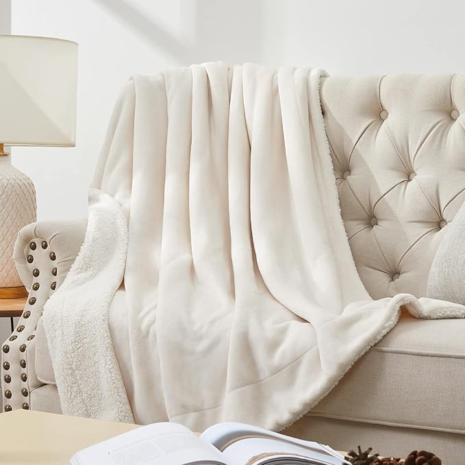 Walensee Sherpa Blanket (Throw Size 50”x60” Off White) Super Soft Fleece Plush Blankets for Bed, Couch, Sofa, Fuzzy Warm Cozy Microfiber Flannel Lightweight Throw Blanket for Adults, Man, Woman