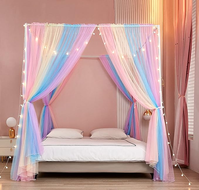 Akiky Canopy Bed Curtains with Lights 4 Corner Post Bed Canopy for Adults Girls, Rainbow Bed Drapes Netting-8 Panel Curtains,Twin