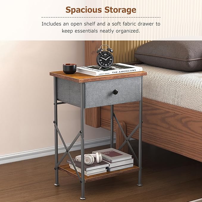 VECELO Nightstand with Drawer, Set of 2, Small Bedside Table with Storage and Adjustable Metal Legs, Wood End Table for Bedroom or Living Room, Perfect for Small Spaces and Modern Décor, Retro Brown