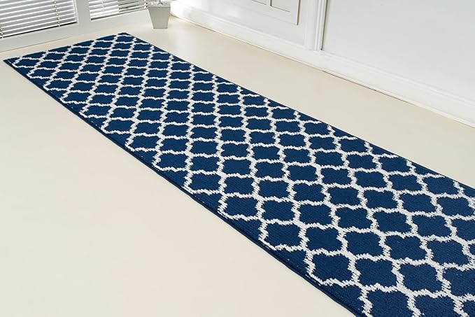 Custom Size Cut to Length Moroccan Trellis Design Runner Rug Mat For Wide Long Hallways with Non-Slip Rubber Backing, Better Traction for Pets, Prevent Slippage, Trellis Navy Blue, 31 inch X 19 feet