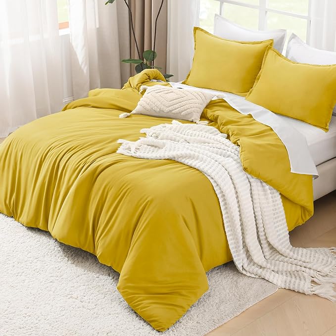 Litanika Mustard Yellow Comforter Set Full Size, 3 Pieces Lightweight Solid Bedding Comforter Set, All Season Fluffy Bed Set (79x90In Comforter & 2 Pillowcases)