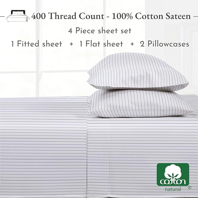 California Design Den Full Size Bed Sheets Set - 400 Thread Count Sateen, Natural 100% Cotton Sheets Full Size, Deep Pocket Cooling and Durable Bedding Set - Pinstriped
