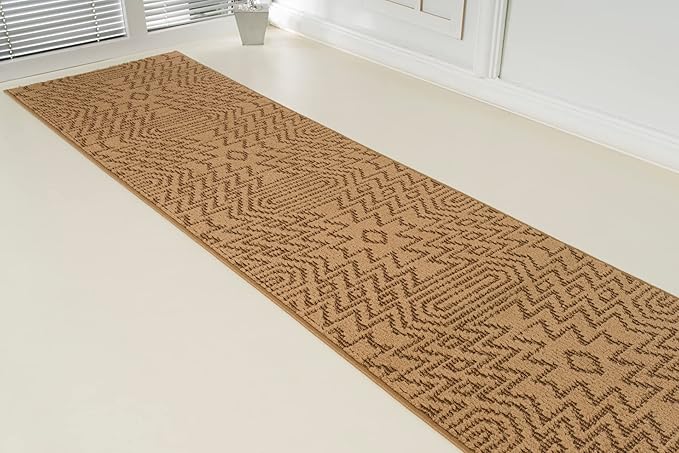 Custom Length Cut to Size Tribal Ethnic Southwestern Inspired Hallway Runner Rug, Non Slip Rubber Backed, 31 inch Wide X Customized Length, Inca Tan, 31 inch X 9 feet