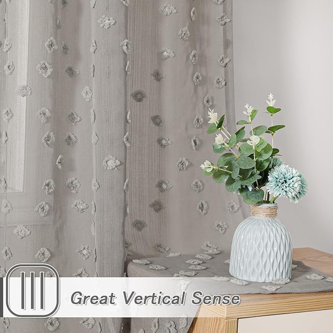 MYSKY HOME Pom Pom Grey Sheer Curtains for Bedroom Girls Room Curtains 84 Inches Long for Nursery Kids Light Filtering Boho Window Drapes, Rod Pocket, 52" Wide, 2 Panels
