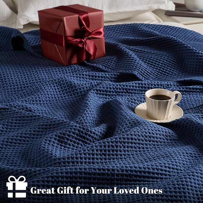 PHF 100% Cotton Waffle Weave Blanket Twin Size for Bed,Snag Proof Lightweight Breathable Throw for Couch,Machine Washable,Great for Layering in Cold Weather,Home Decor Gift-Navy Blue/Bright Blue
