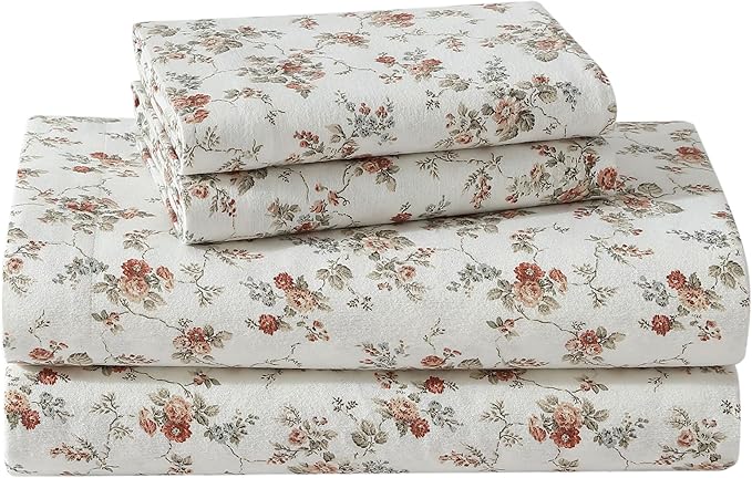 Laura Ashley - Flannel Sheets King Size, Anti-Pilling & Wrinkle Resistant Cotton, Touchably Soft for All-Season Comfort - Bed Sheets with Matching Pillowcases & Fitted Sheet (Le Fleur Orange)