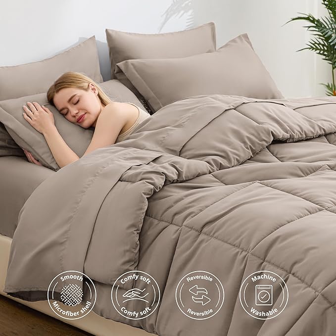 Love's cabin California King Comforter Set Light Brown, 7 Pieces California King Bed in a Bag, All Season Bedding Sets with 1 Comforter, 1 Flat Sheet, 1 Fitted Sheet, 2 Pillowcase and 2 Pillow Sham