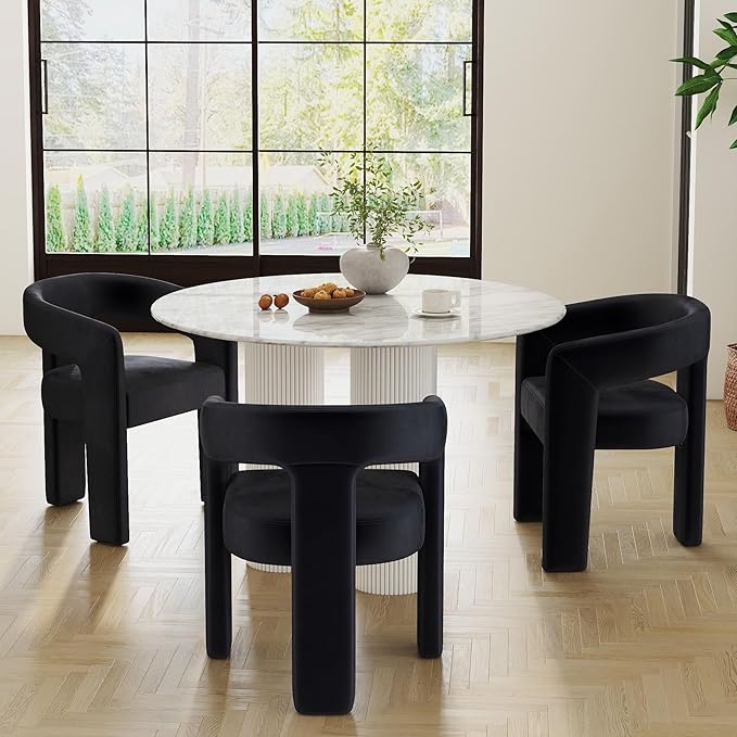 Modern Barrel Dining Chairs Set of 3, Velvet Upholstered Accent Side Chair with Arms Comfy Makeup Vanity Chairs, Dining Living Room Kitchen Chairs, Black