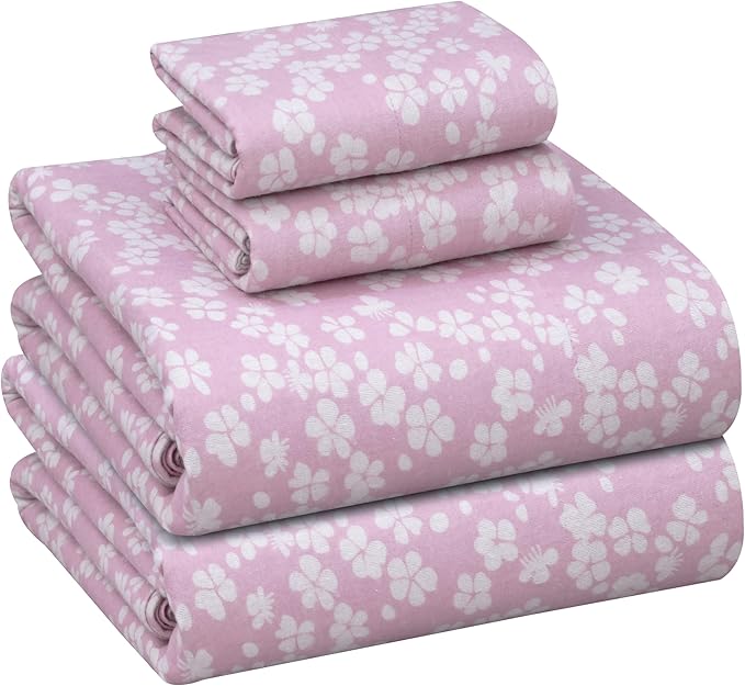 RUVANTI Flannel Sheets Queen Size - 100% Cotton Double Brushed Bed Sheets, Deep Pockets 16 Inches Queen Sheet Set, All Seasons Breathable & Extra Soft - Warm & Cozy, 4 Piece, Pink Flora