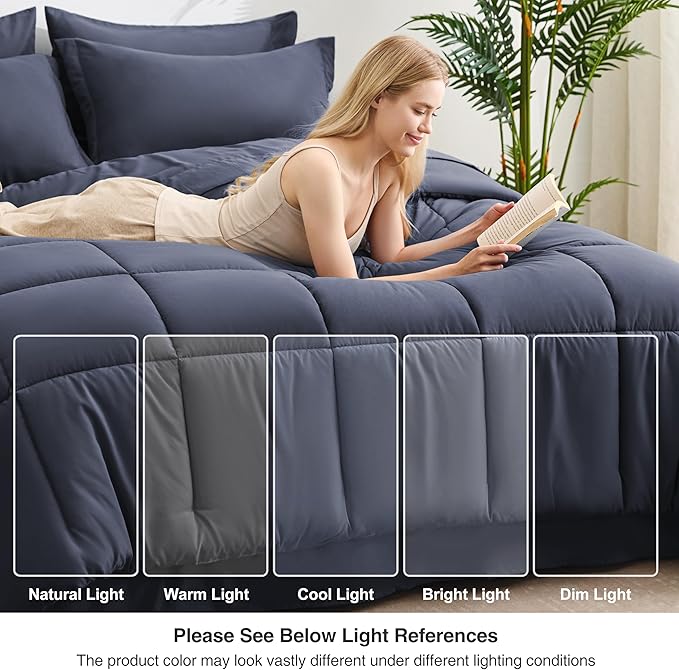 Love's cabin Full Comforter Set Indigo Blue, 7 Pieces Full Bed in a Bag, All Season Bedding Sets with 1 Comforter, 1 Flat Sheet, 1 Fitted Sheet, 2 Pillowcase and 2 Pillow Sham