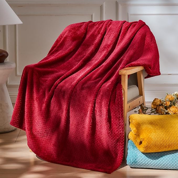 NEWCOSPLAY Super Soft King Blanket Red Premium Silky Flannel Fleece Leaves Pattern Lightweight Bed Blanket All Season Use (Red, King(90"x110"))