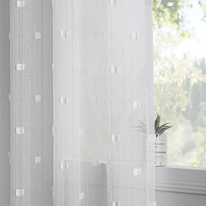 MYSKY HOME White Curtains for Bedroom 63 Inch Length Long Sheer Curtains for Kids Room Nursery Curtains with White Patched Design Rod Pocket Privacy Window Drapes Dining Room 52" x 63" 2 Panels