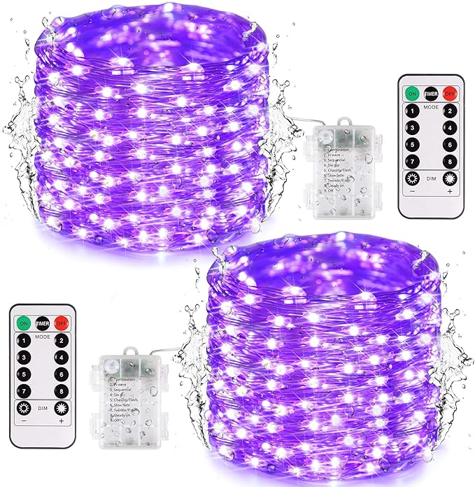 JMEXSUSS 2 Pack Christmas Fairy Lights Battery Operated, Total 400 LED 132ft Purple Christmas String Lights Indoor with Remote, 8 Modes Copper Wire Twinkle Lights for Bedroom Wall Tree Decor