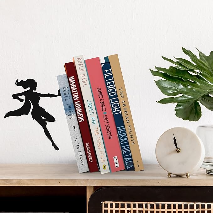 Stylish Metal Bookend in Black - Book Holder for Any Angle, Shelf, Desk, Desk - Decorative Book Organiser Book Holder - The Coolest Gift Idea (Supergal)