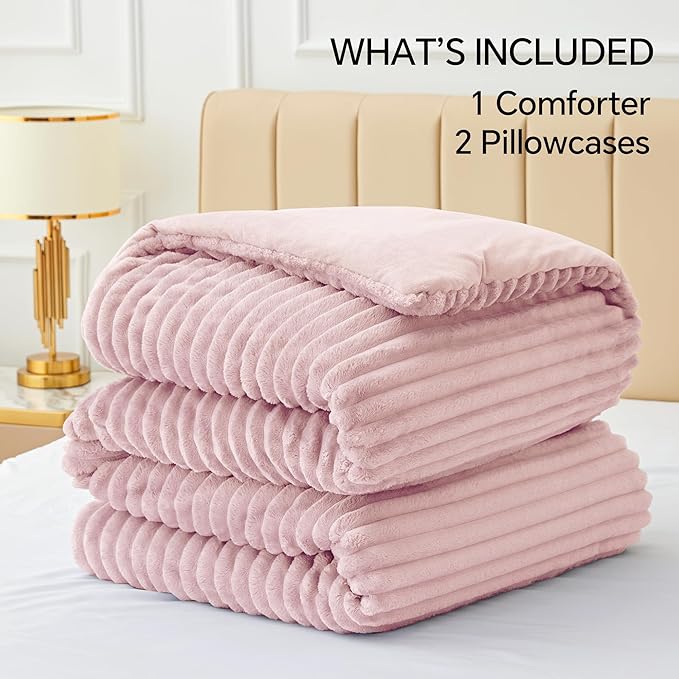 BEDELITE Fleece California King Comforter Set -Super Soft & Warm Fluffy Pink Bedding, Luxury Fuzzy Heavy Bed Set for Winter with 2 Pillow Cases