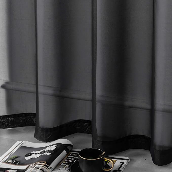DUALIFE Black Sheer Curtains 84 Inches Length for Living Room Set of 2 Panels Grommet Window Drapes Semi Voile Modern Black Transparent Curtains for Bedroom 52x84 Inch Long