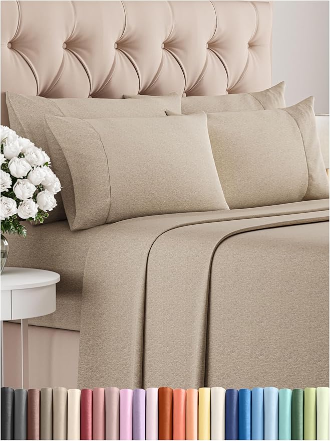 Queen 6 Piece Sheet Set - Comfy Breathable & Cooling - Soft Hotel Luxury Bedding Set with 8-16 Inch Deep Pockets - 1 Flat & 1 Fitted Sheet & 4 Pillowcases - Wrinkle Free & Easy Care - Heathered Beige