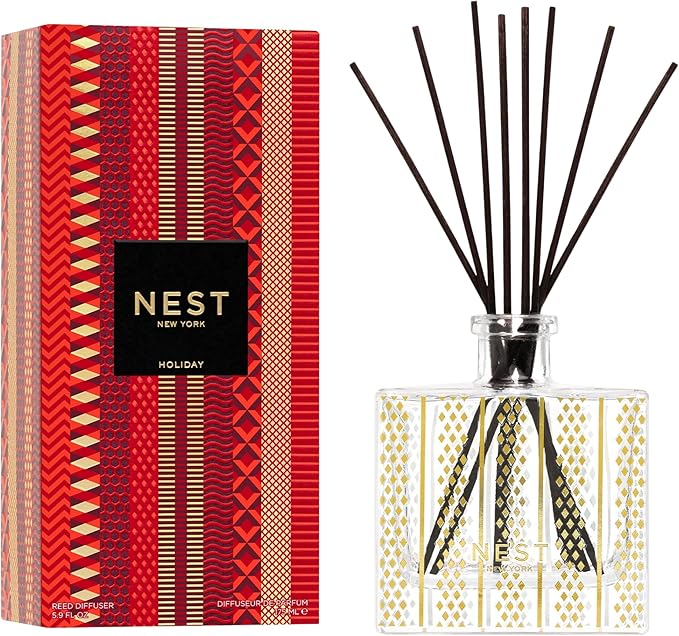 NEST New York Reed Diffuser, Holiday - 5.9 fl oz - Fragrance for Up to 90 Days - Reusable, Refillable Glass Holder - Includes 8 All-Natural Reed Sticks - Flame Free