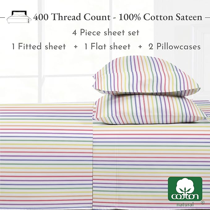 California Design Den Full Size Bed Sheets Set - 400 Thread Count Sateen, Natural 100% Cotton Sheets, Deep Pocket Cooling and Durable Bedding Set - Rainbow Striped