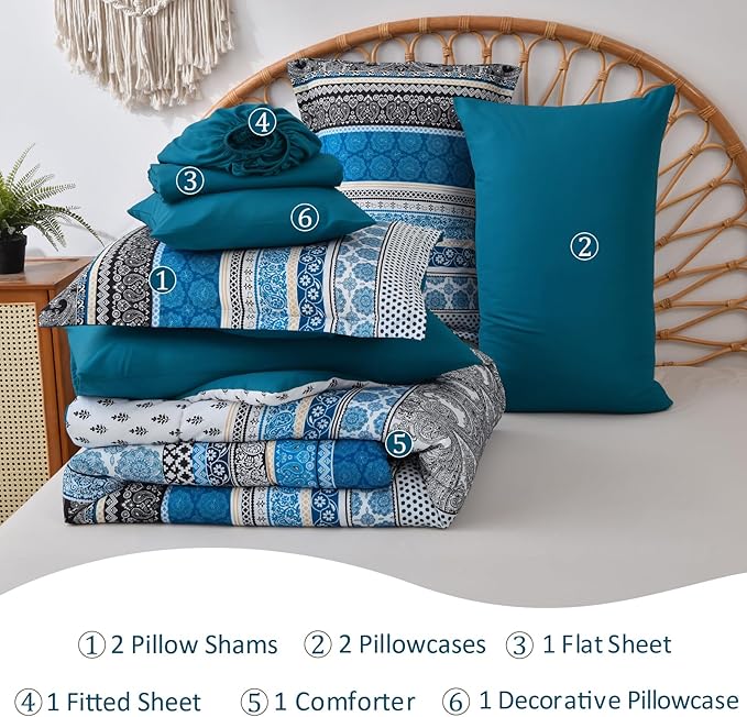 Cottolester Boho Comforter Set Queen Size,8 Pieces Teal Blue Bohemian Striped Bed in a Bag,Paisley Soft Microfiber Bedding Comforter Set