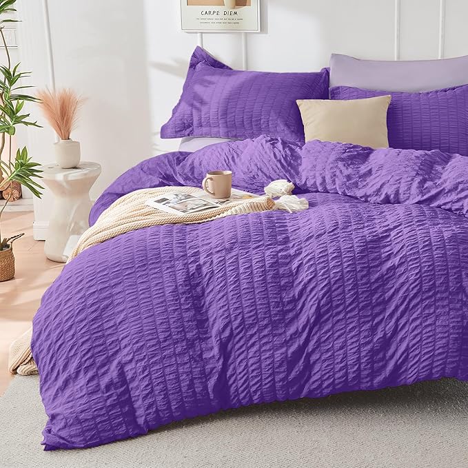 HYMOKEGE Dark Purple/Lavender Twin Comforter Set Seersucker 5 Pieces, All Season Luxury Bed in a Bag for Bedroom, Bedding Set with Comforter, Sheets, Pillowcase & Sham