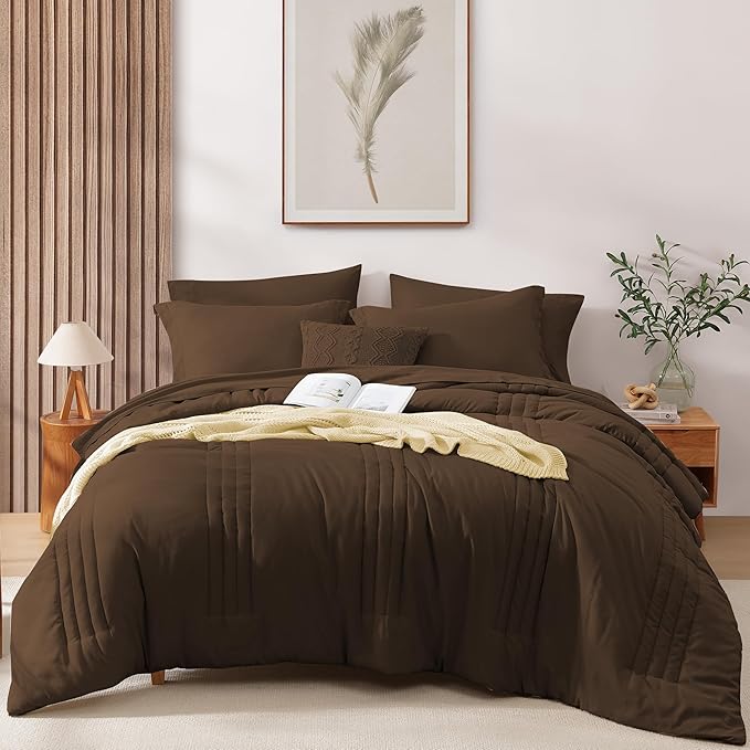 Monbix King Size Comforter Set - 7 Pieces Bed in a Bag King, Chocolate Brown Bedding Sets with Comforter, All Seasons Down Alternative Comforter Bed Set with Sheets, Pillowcases & Shams