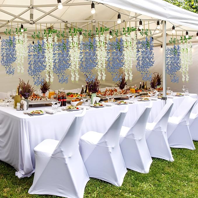 Giegxin 24 Pcs Artificial Wisteria Hanging Flowers 3.6 ft Artificial Fake Wisteria Vine Rattan Hanging Garland Silk Flowers String for Wall Home Wedding Party Greenery Decorations (Blue,White)