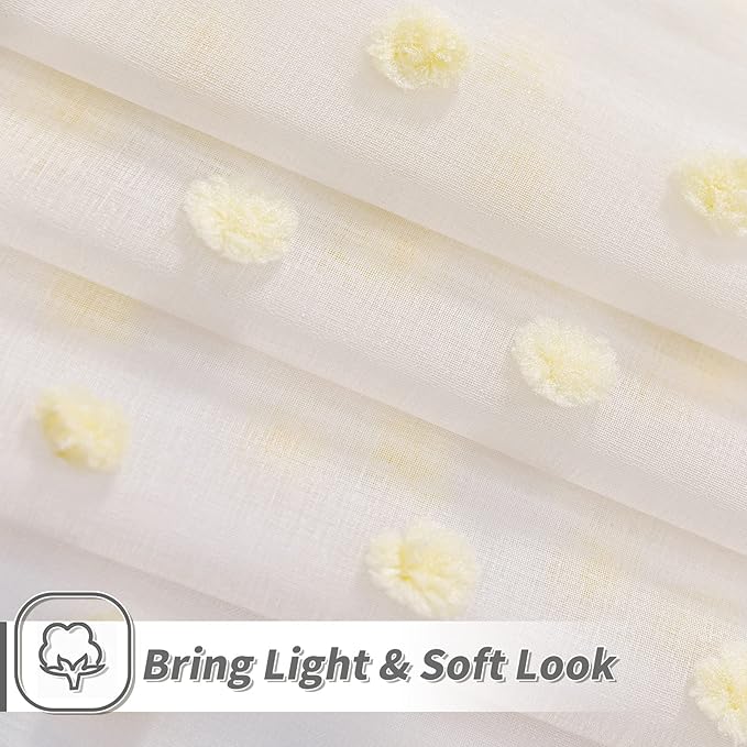 MYSKY HOME 95 Inch Length Long Pom Pom Curtains for Bedroom, Living Room & Sliding Doors - Yellow Sheer, Mustard Backdrop - 52 x 95 in, 2 Panels