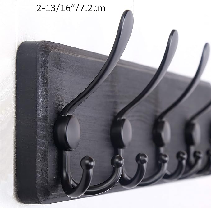 WEBI Coat Rack Wall Mount,38 9/16" Long,10 Tri Hooks for Hanging Coats,16" Hole to Hole,Wood Coat Hooks Wall Mounted,Wall Coat Hanger for Clothes,Jacket,Hats,Rustic Black,2 Packs