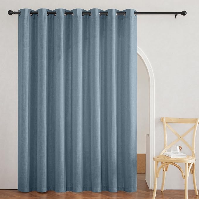 RYB HOME Semi Sheer Linen Curtains - Natural Vertical Boho Style Semi Transparent Privacy Drapes for Bedroom Dining Room Home Office Large Window, W 100 x L 90 inches, Stone Blue, 1 Panel