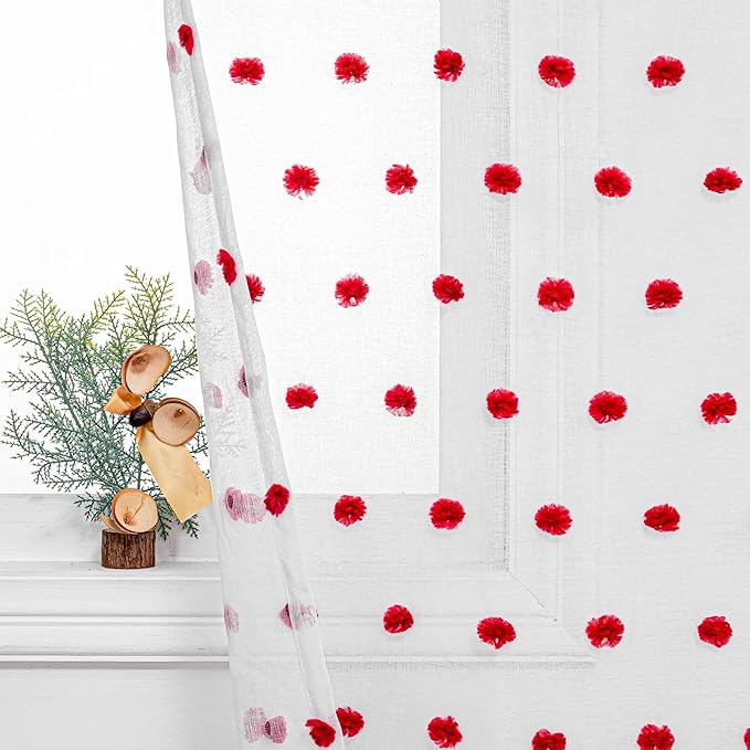MYSKY HOME Short Curtains for Bedroom 54 Inches Long Merry Christmas Red Pom Pom White Sheer Curtains Kitchen Bathroom Nursery Boys Kids Room Rod Pocket 2 Pieces Small Window 52" x 54"