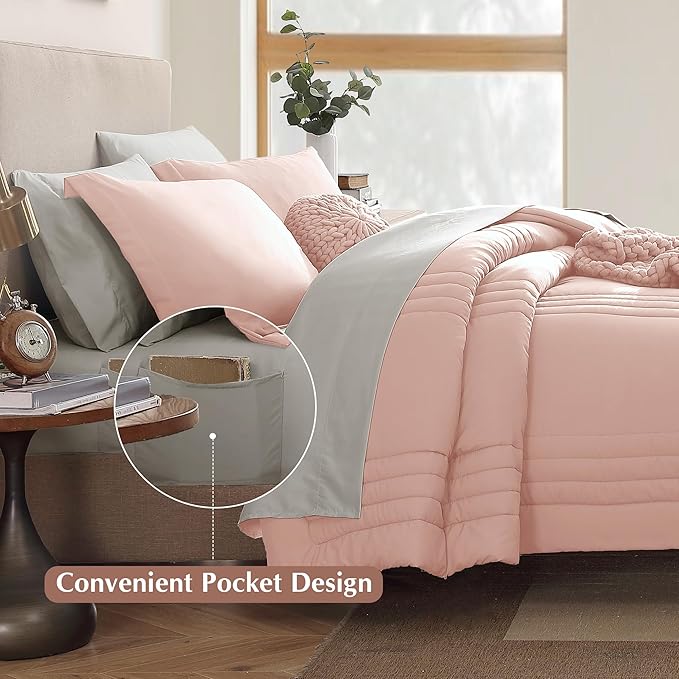 Monbix Full Comforter Set - 7 Pieces Light Pink Bed in a Bag Full Size Bedding Sets with Comforters, All Seasons Down Alternative Comforter with Sheets,Pillowcases & Shams