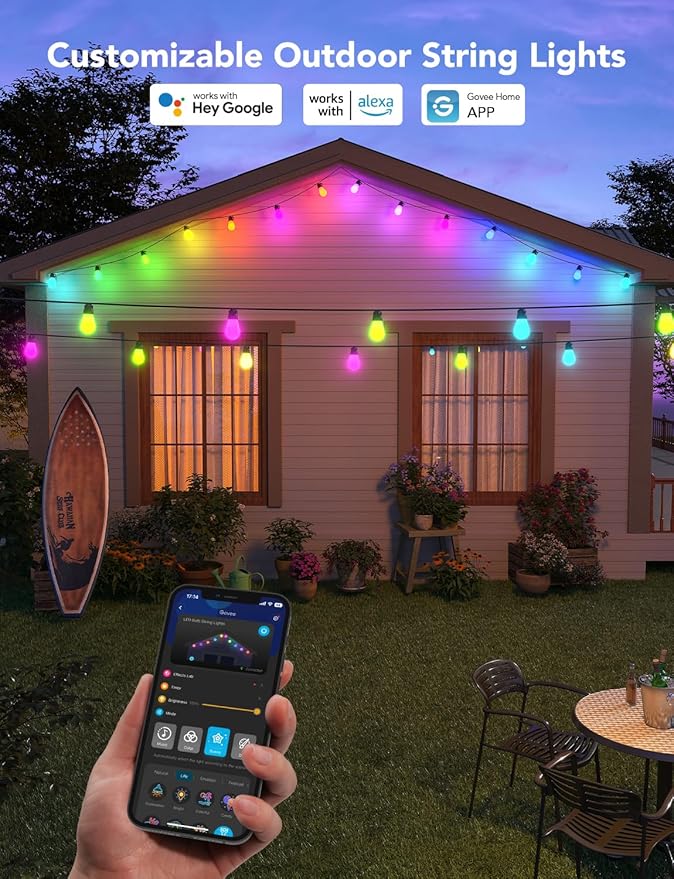 Govee Smart Outdoor String Lights H7020, RGBIC Warm White 48ft LED Bulbs for Outdoor Decor, WiFi Patio Lights Work with Alexa, Google Assistant, APP Control, IP65 Waterproof