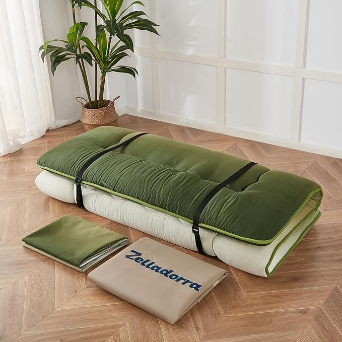 Japanese Floor Mattress, Futon Mattress with Portable Storage Bag and Washable Cover, Roll Up Thick Tatami Mat Suitable for Camping, Guest Room (Forest Gradient, Queen)