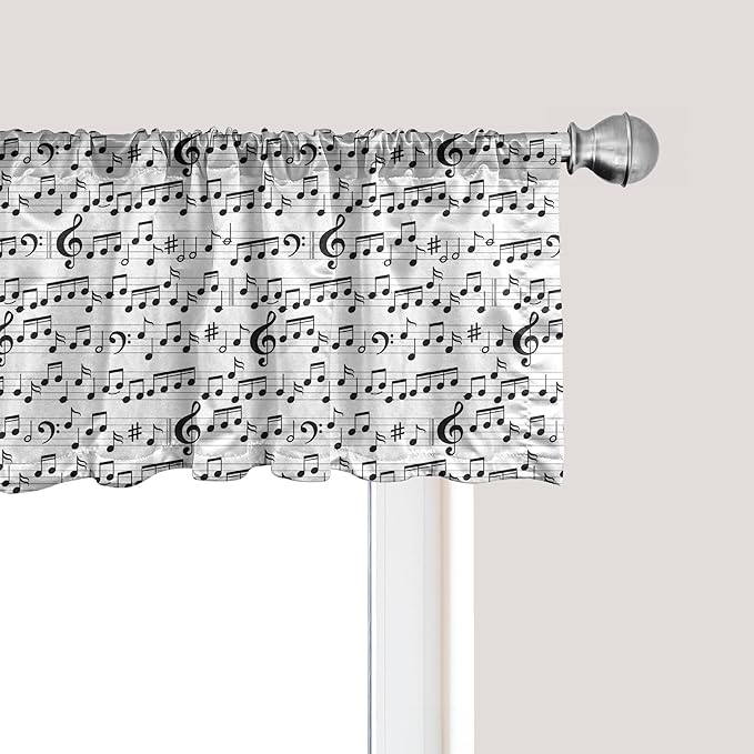 Ambesonne Music Window Valance, Abstract Style Professional Pattern Notes and Clef Sheet Play Writing Print, Curtain Valance for Kitchen Bedroom Decor with Rod Pocket, 42" x 12", Black White