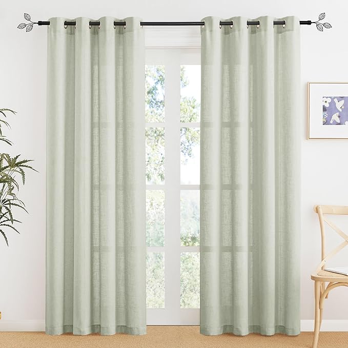RYB HOME Sage Green Semi Sheer Curtains 84 inches Long, Grommet Easy Sliding Light Filtering Half Privacy Window Curtains & Drapes for Bedroom Living Room Farmhouse, W 52 x L 84 inches, 2 Pcs