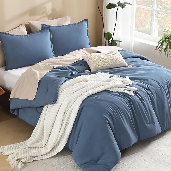 Litanika Haze Blue Oversized King Comforters Super King Size, 3 Pieces Lightweight Solid Bedding Comforter Set, All Season Fluffy Bed Set (120x120In Comforter & 2 Pillowcases)