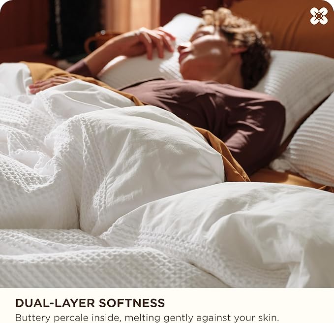 Bedsure Cotton Duvet Cover Queen - 100% Cotton Waffle Weave Coconut White Duvet Cover Queen Size, GentleSoft™ and Breathable Bedding Set for All Season, 3 Pieces, 90"x90"