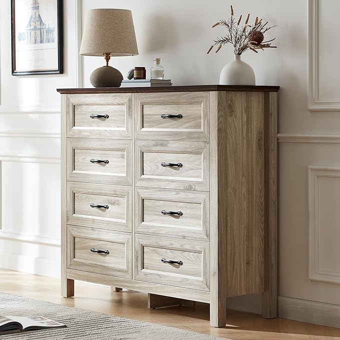 LINSY HOME Farmhouse 8 Drawers Dresser Chests for Bedroom, Wood Dresser Wide Chest of Drawers, Storage Dressers Organizer for Bedroom, Living Room,Hallway, SGS Certified