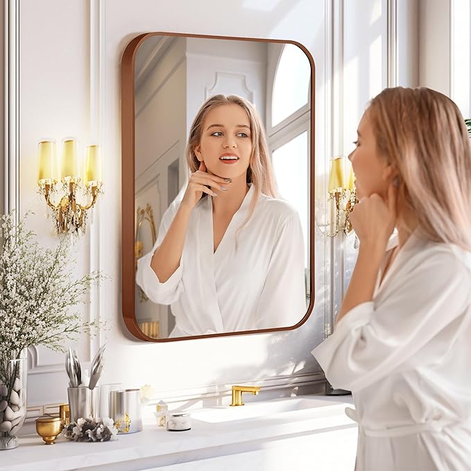 24"x36" Brushed Bronze Metal Framed Rounded Rectangle Mirror, Brown Wall Mounted Mirrors for Bathroom Entryway Vanity Living Room Bedroom, Vertical or Horizontal