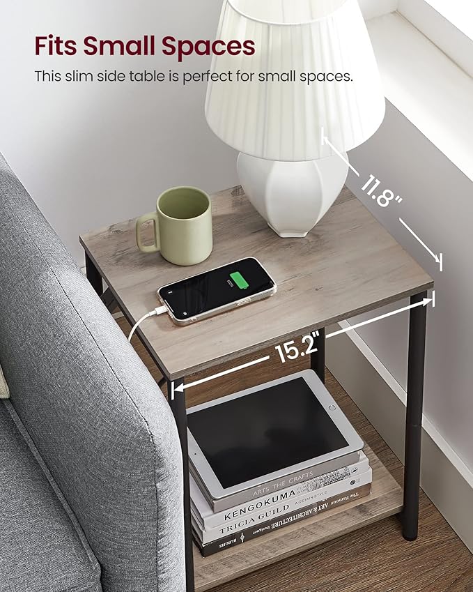 VASAGLE End Table with Charging Station, Small Side Table for Living Room, Bedroom, Nightstand with Outlets and USB Ports, Bedside Table with Storage Shelf, Heather Greige and Black