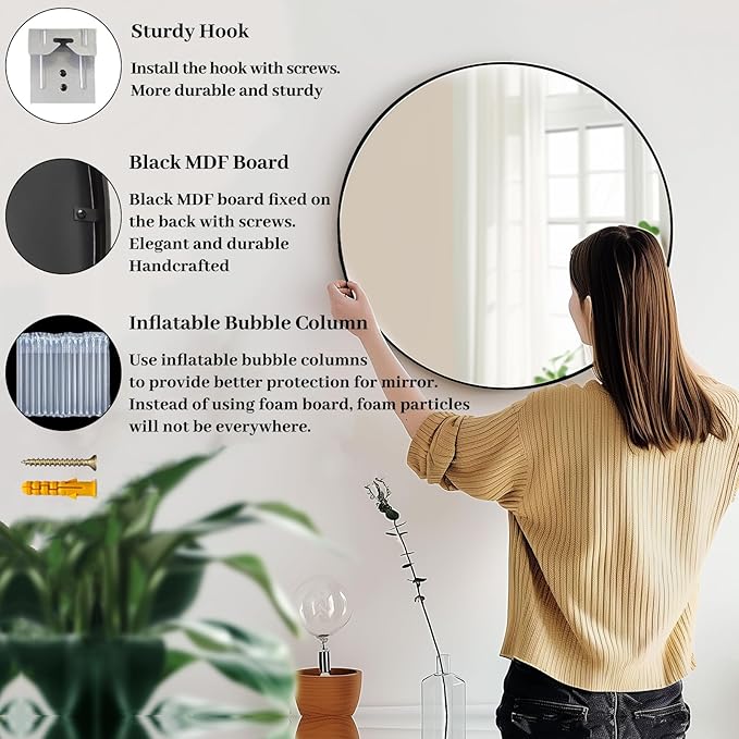 Circle Mirror 26 inch, Black Round Mirror, Round Bathroom Mirrors Metal Frame, Circle Mirrors for Living Room, Bathroom, Wall, Hallway.