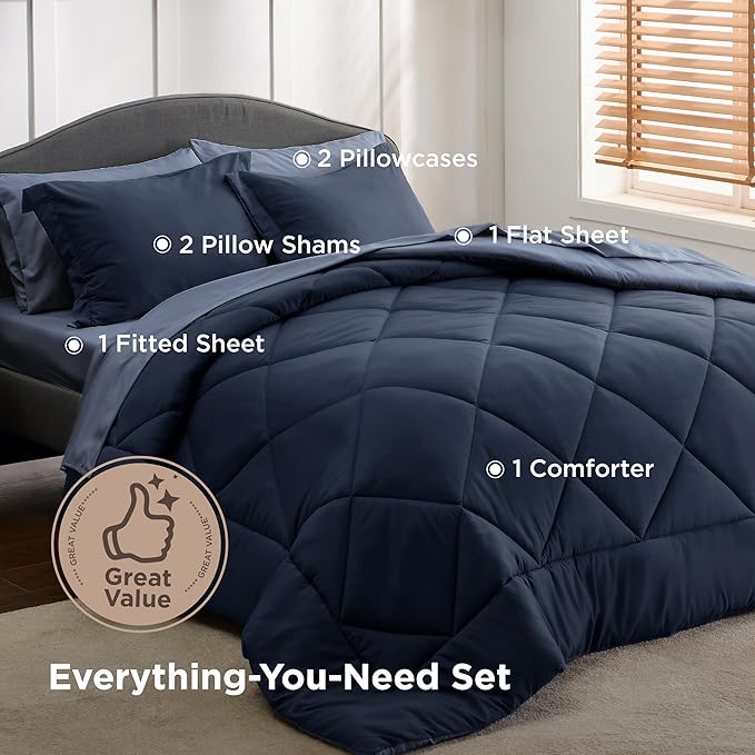 Bedsure Queen Comforter Set - 7 Pieces Reversible Navy Blue Bedding, Queen Size Bed Set for All Seasons, Bed in a Bag with Down Alternative Comforter, Sheets, Pillowcases & Shams