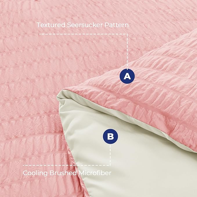 HYMOKEGE Pink/Ivory Queen Comforter Set Seersucker 7 Pieces, All Season Luxury Bed in a Bag Queen for Bedroom, Bedding Set with Comforter, Sheets, Pillowcases & Shams
